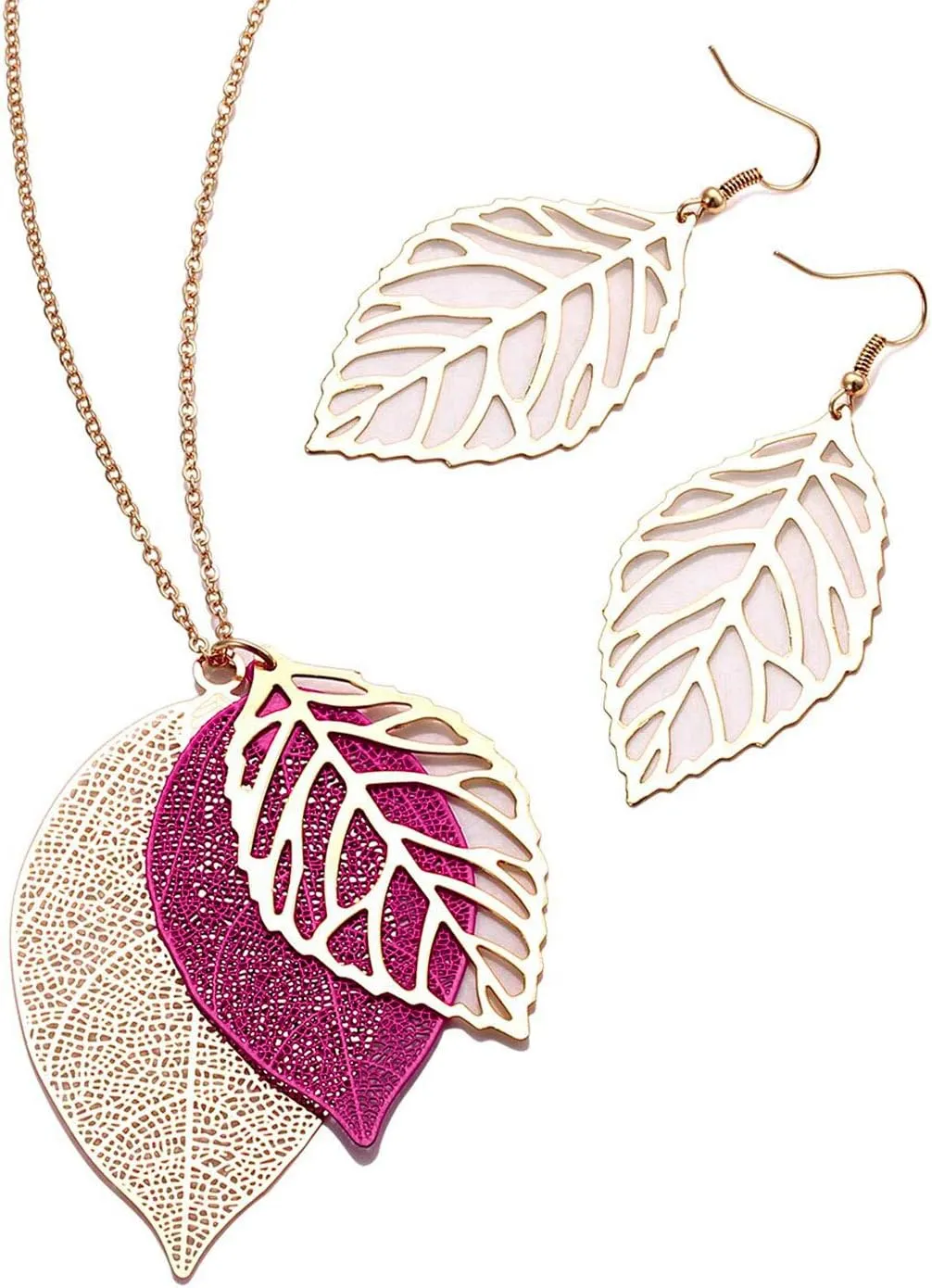 NVENF Leaf Earrings and Long Necklaces Set for Women Boho Gold-tone Multi Tiered Leaves Delicate Chain Dangle Necklace SimpleLeaf Statement Dangling Earrings