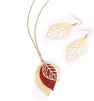 NVENF Leaf Earrings and Long Necklaces Set for Women Boho Gold-tone Multi Tiered Leaves Delicate Chain Dangle Necklace SimpleLeaf Statement Dangling Earrings