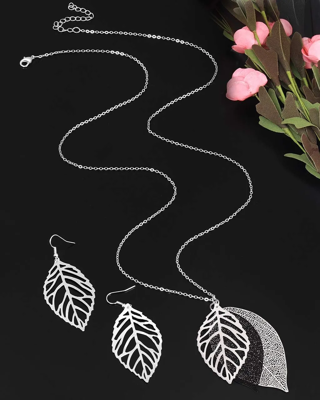 NVENF Leaf Earrings and Long Necklaces Set for Women Boho Gold-tone Multi Tiered Leaves Delicate Chain Dangle Necklace SimpleLeaf Statement Dangling Earrings