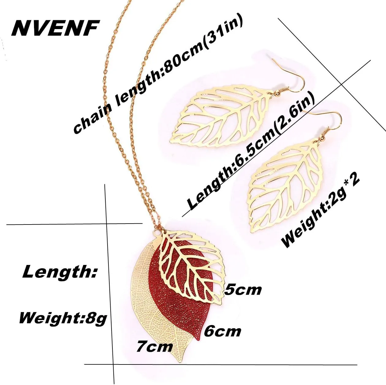 NVENF Leaf Earrings and Long Necklaces Set for Women Boho Gold-tone Multi Tiered Leaves Delicate Chain Dangle Necklace SimpleLeaf Statement Dangling Earrings