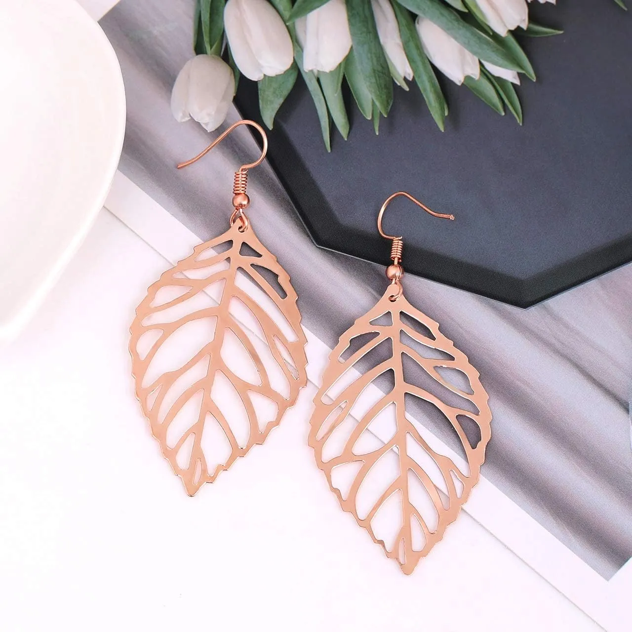 NVENF Leaf Earrings and Long Necklaces Set for Women Boho Gold-tone Multi Tiered Leaves Delicate Chain Dangle Necklace SimpleLeaf Statement Dangling Earrings