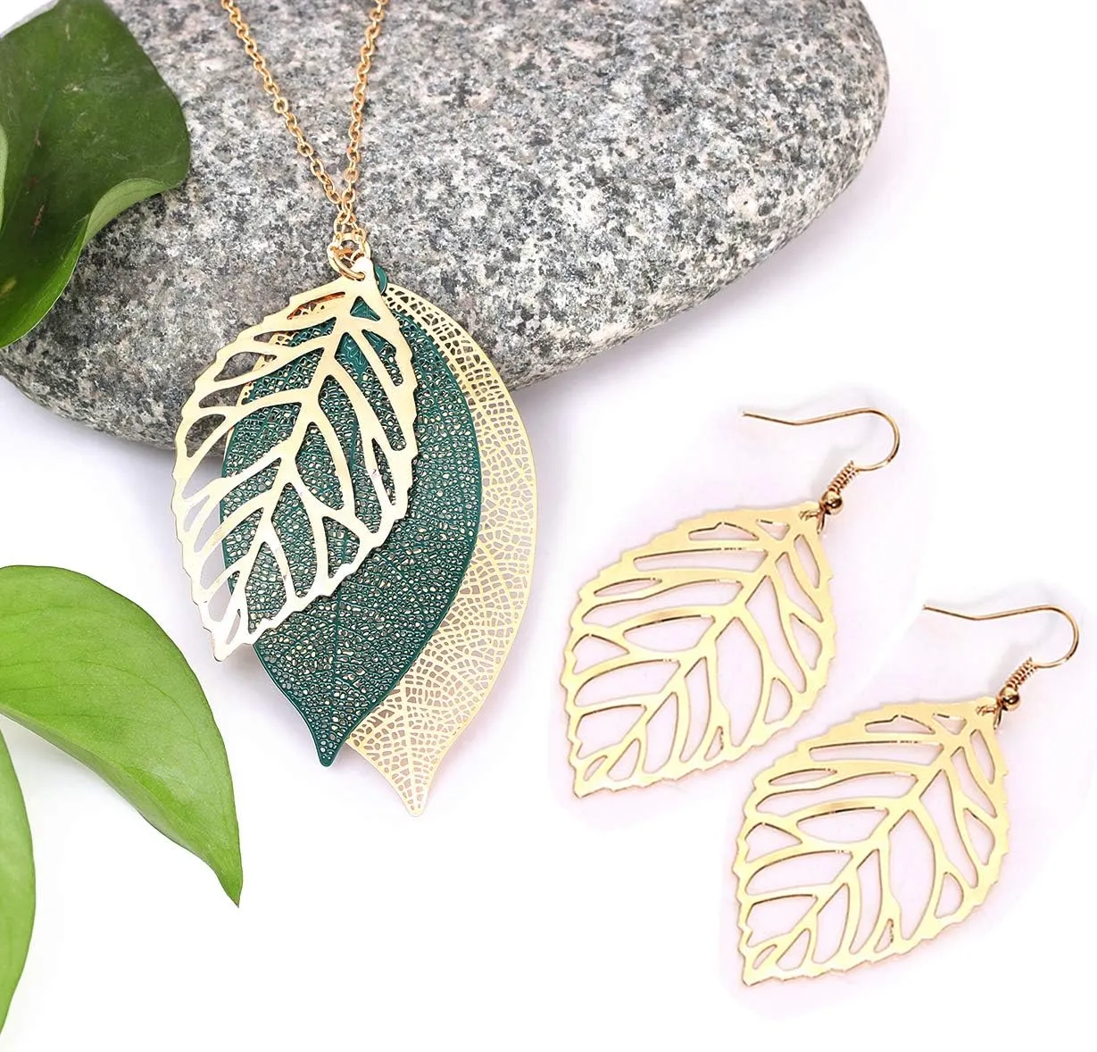 NVENF Leaf Earrings and Long Necklaces Set for Women Boho Gold-tone Multi Tiered Leaves Delicate Chain Dangle Necklace SimpleLeaf Statement Dangling Earrings