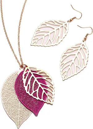 NVENF Leaf Earrings and Long Necklaces Set for Women Boho Gold-tone Multi Tiered Leaves Delicate Chain Dangle Necklace SimpleLeaf Statement Dangling Earrings