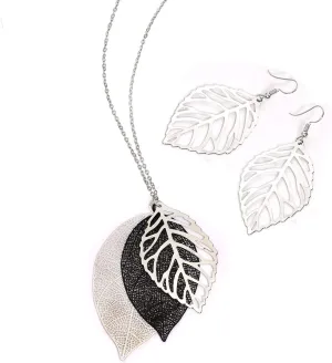 NVENF Leaf Earrings and Long Necklaces Set for Women Boho Gold-tone Multi Tiered Leaves Delicate Chain Dangle Necklace SimpleLeaf Statement Dangling Earrings
