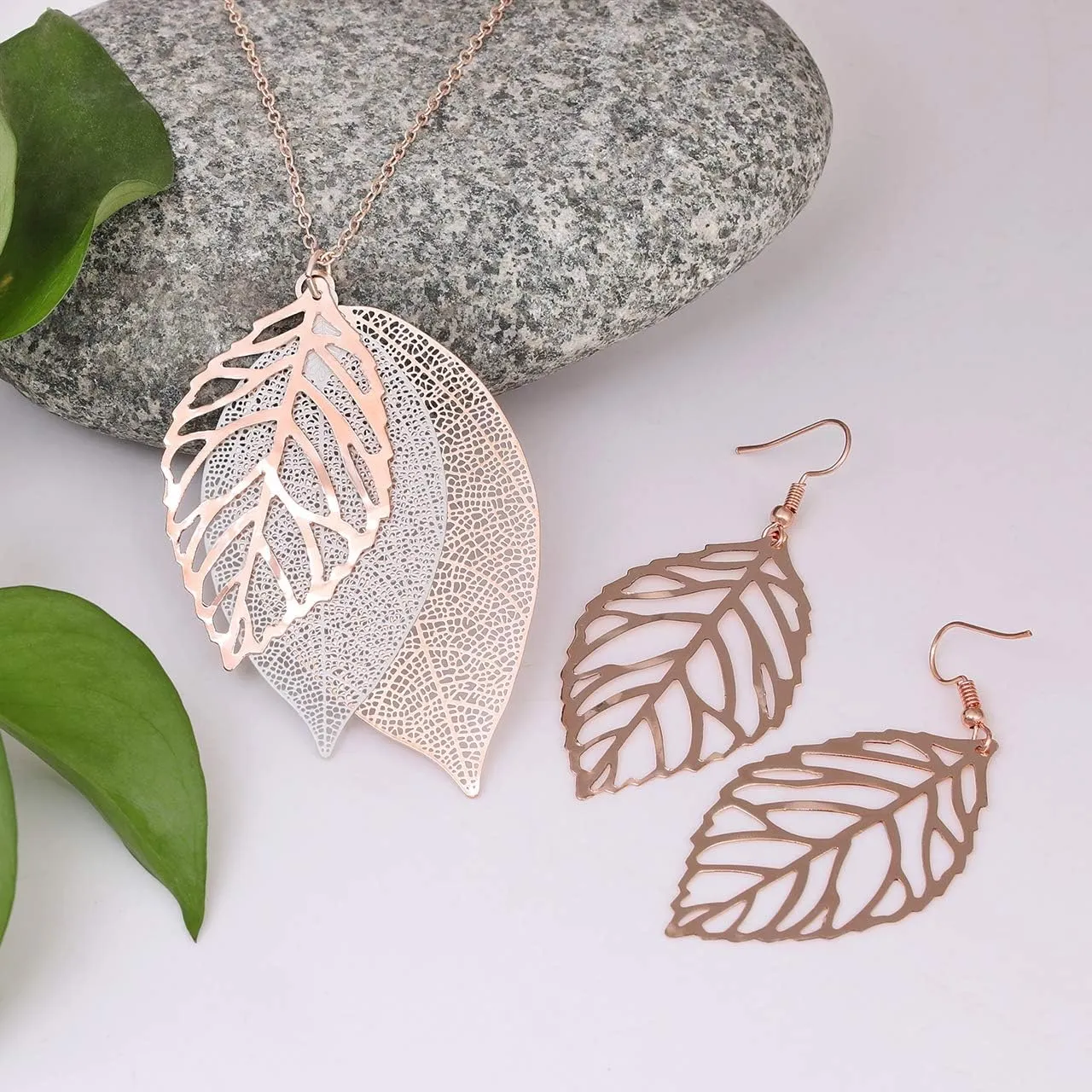 NVENF Leaf Earrings and Long Necklaces Set for Women Boho Gold-tone Multi Tiered Leaves Delicate Chain Dangle Necklace SimpleLeaf Statement Dangling Earrings