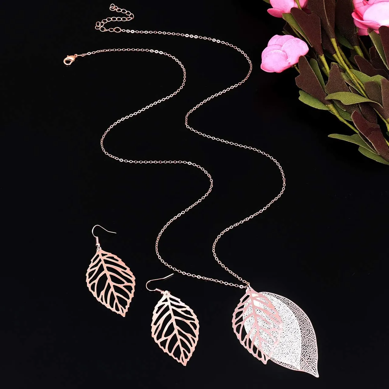 NVENF Leaf Earrings and Long Necklaces Set for Women Boho Gold-tone Multi Tiered Leaves Delicate Chain Dangle Necklace SimpleLeaf Statement Dangling Earrings