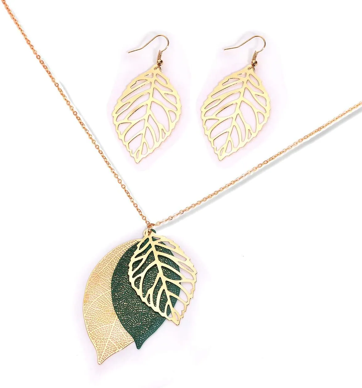 NVENF Leaf Earrings and Long Necklaces Set for Women Boho Gold-tone Multi Tiered Leaves Delicate Chain Dangle Necklace SimpleLeaf Statement Dangling Earrings