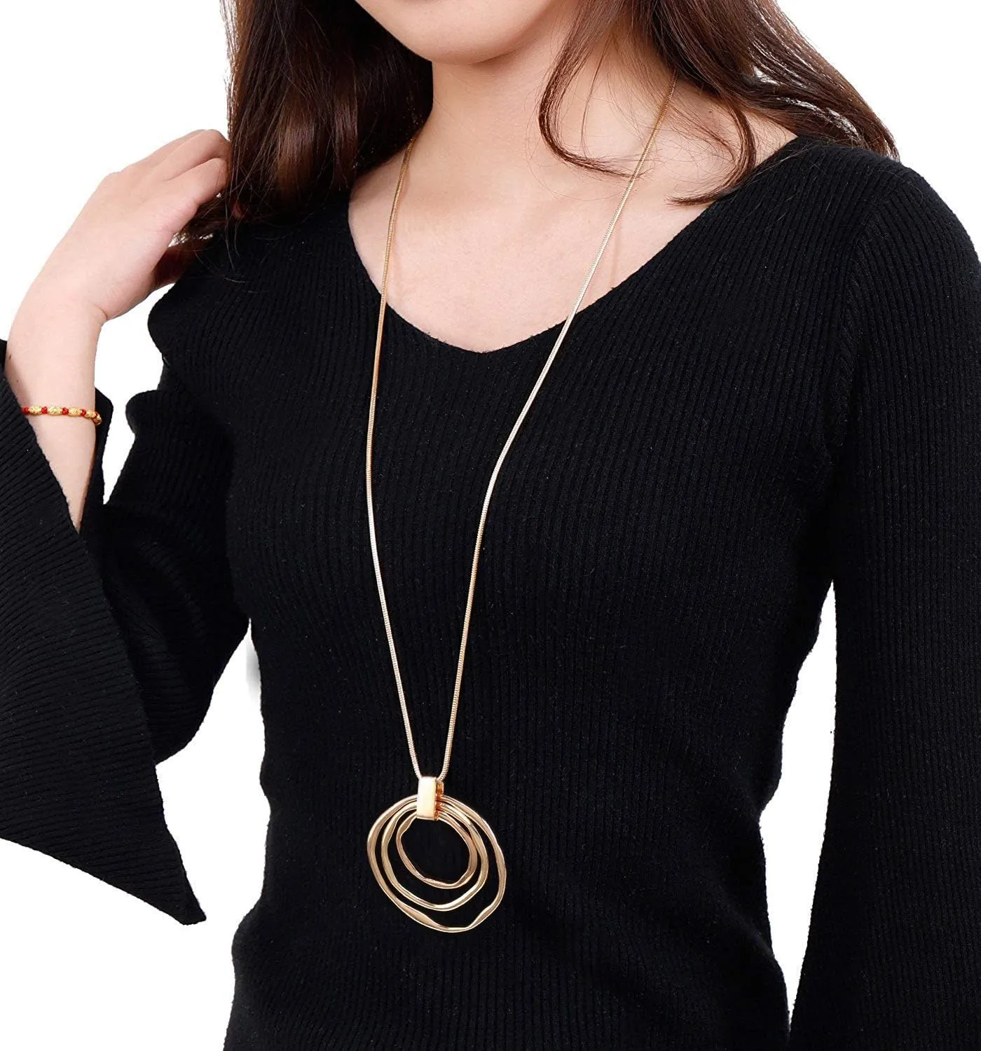 NVENF Long Sweater Chain Double Circle Pendant Necklace Bold Snake Chain Women Statement Necklace