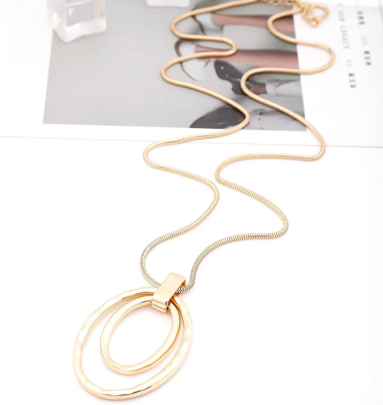 NVENF Long Sweater Chain Double Circle Pendant Necklace Bold Snake Chain Women Statement Necklace