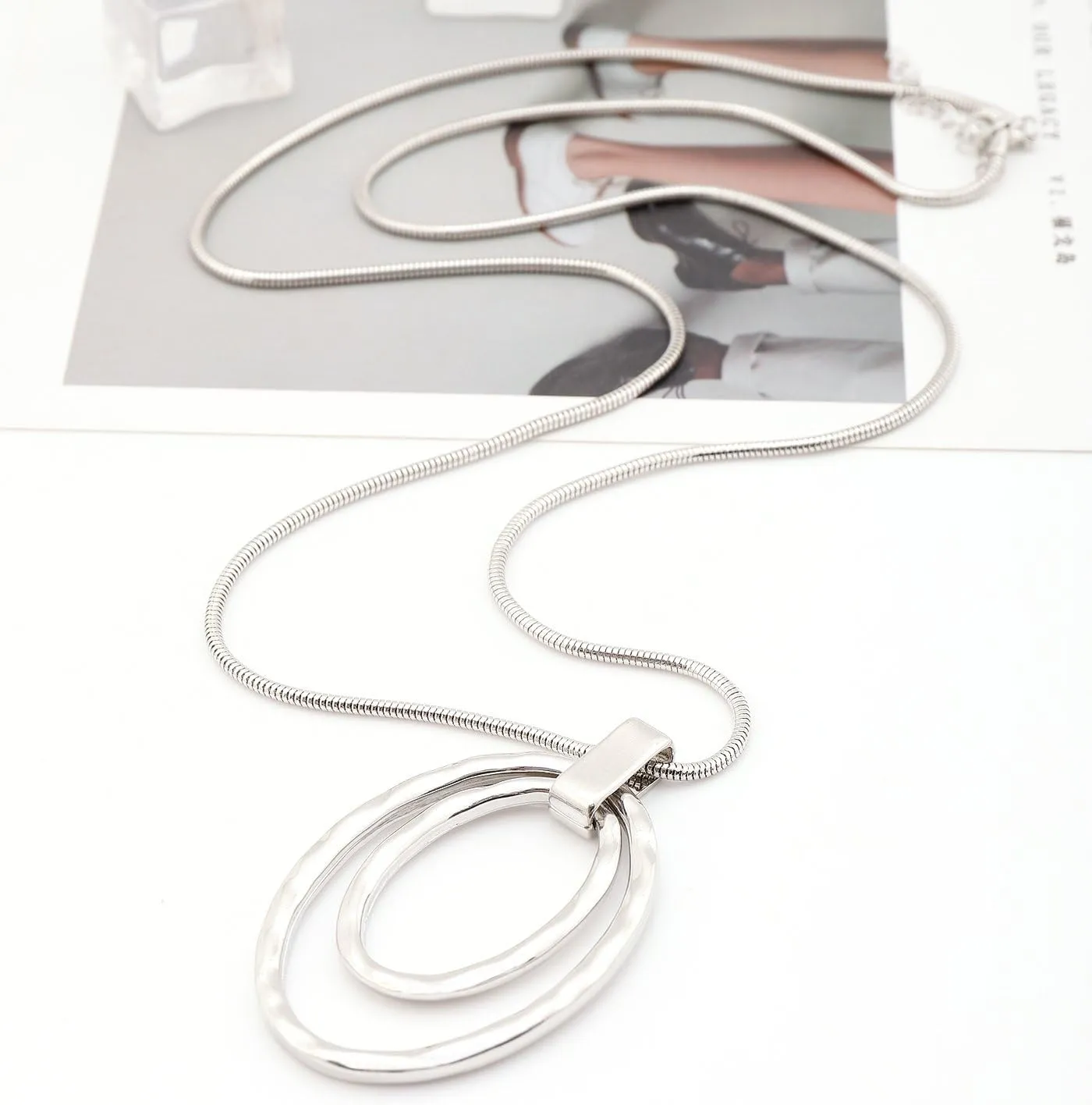 NVENF Long Sweater Chain Double Circle Pendant Necklace Bold Snake Chain Women Statement Necklace