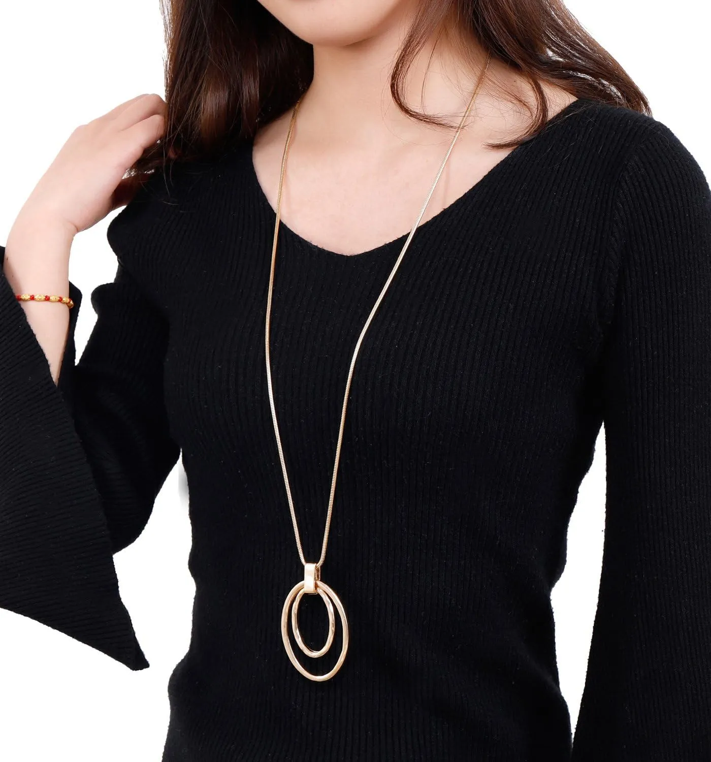 NVENF Long Sweater Chain Double Circle Pendant Necklace Bold Snake Chain Women Statement Necklace
