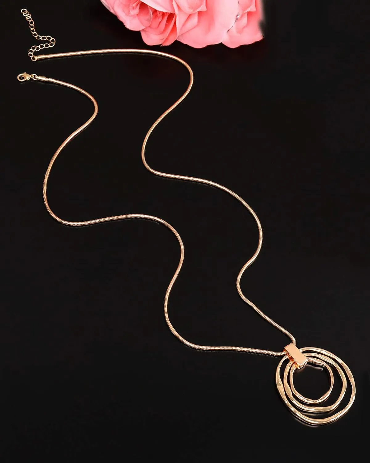 NVENF Long Sweater Chain Double Circle Pendant Necklace Bold Snake Chain Women Statement Necklace