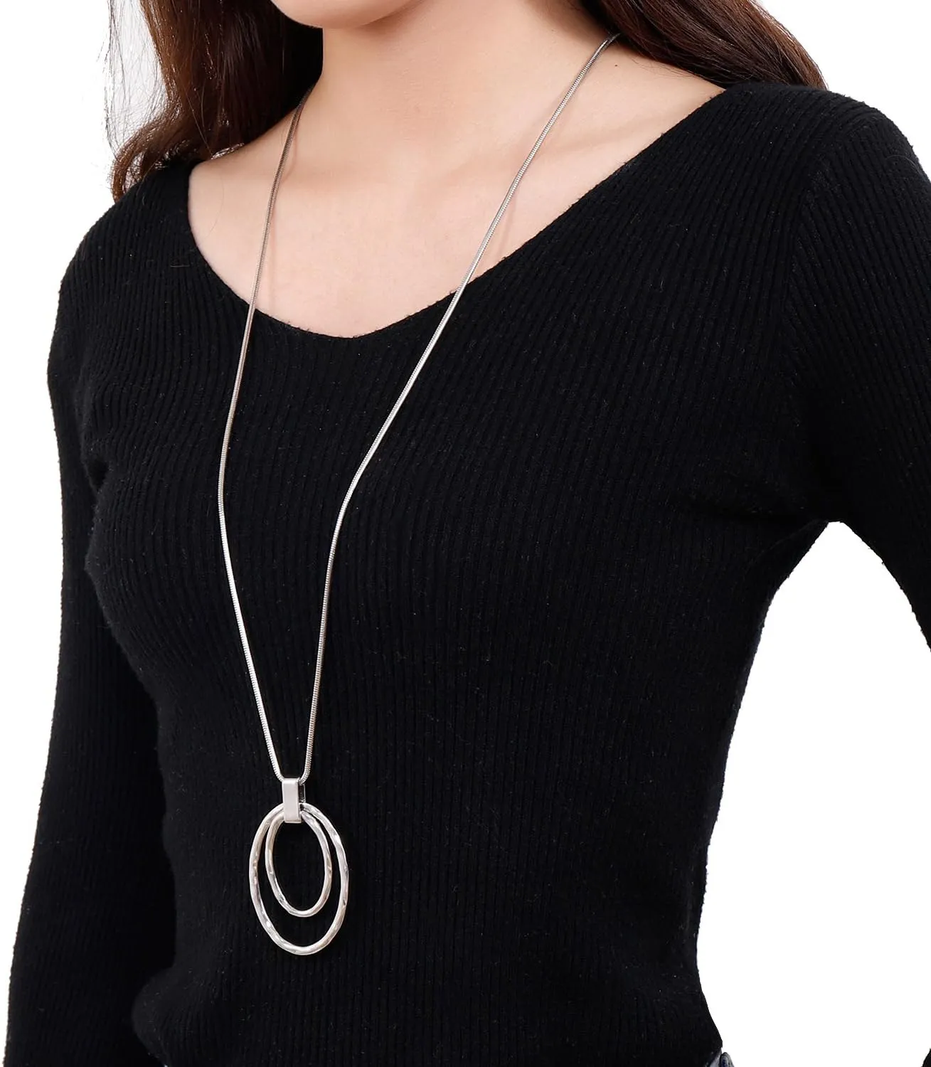 NVENF Long Sweater Chain Double Circle Pendant Necklace Bold Snake Chain Women Statement Necklace