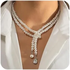 Octwine Boho Pack of 1 Shiny Crystal Pendant Necklace Round White Pearl Choker Vintage Choker 1920s Necklaces Bridal Wedding Necklace for Women
