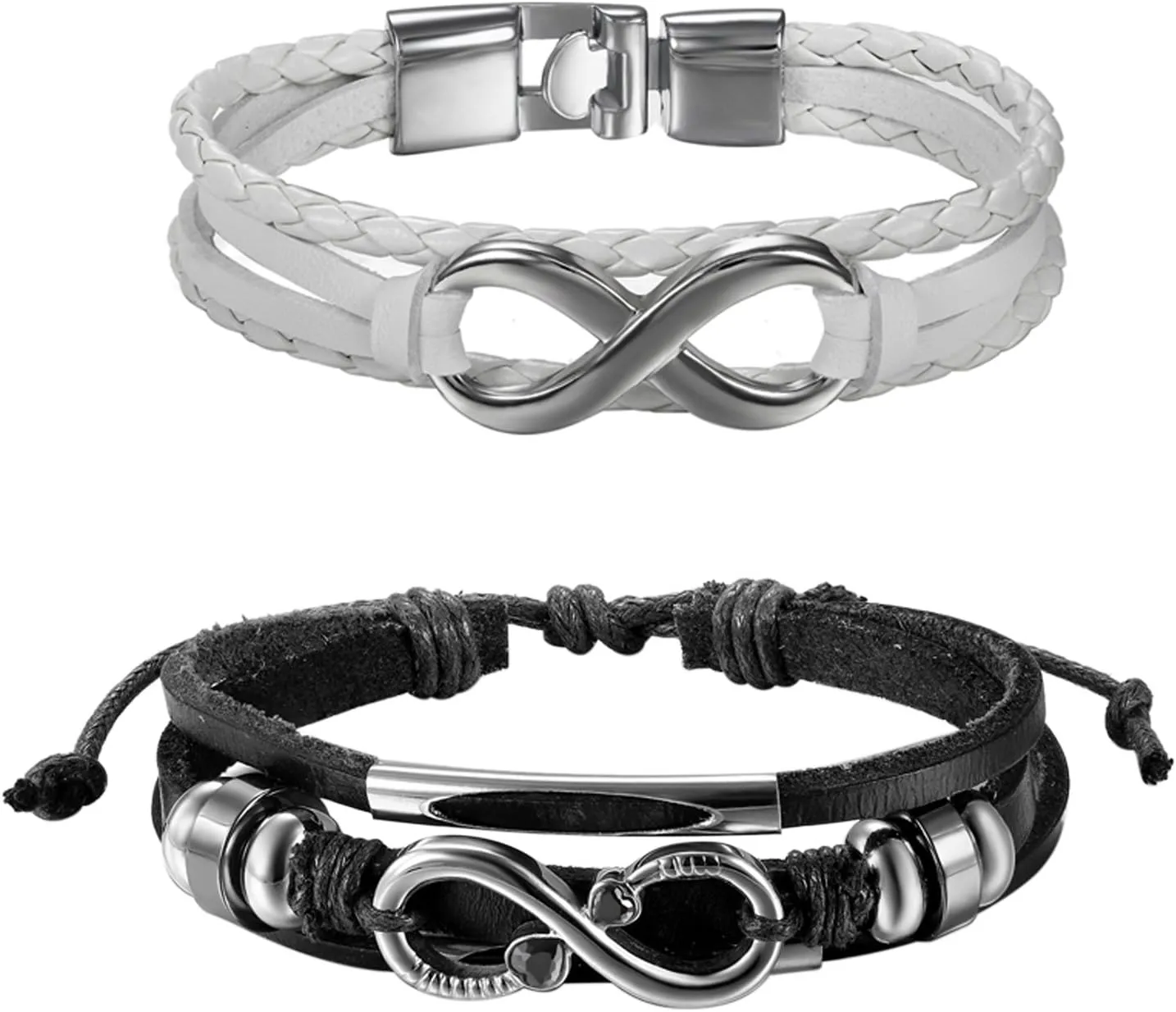 OIDEA Leather Braided CZ Endless Love Infinity Link Bracelets for Men Women, Black White