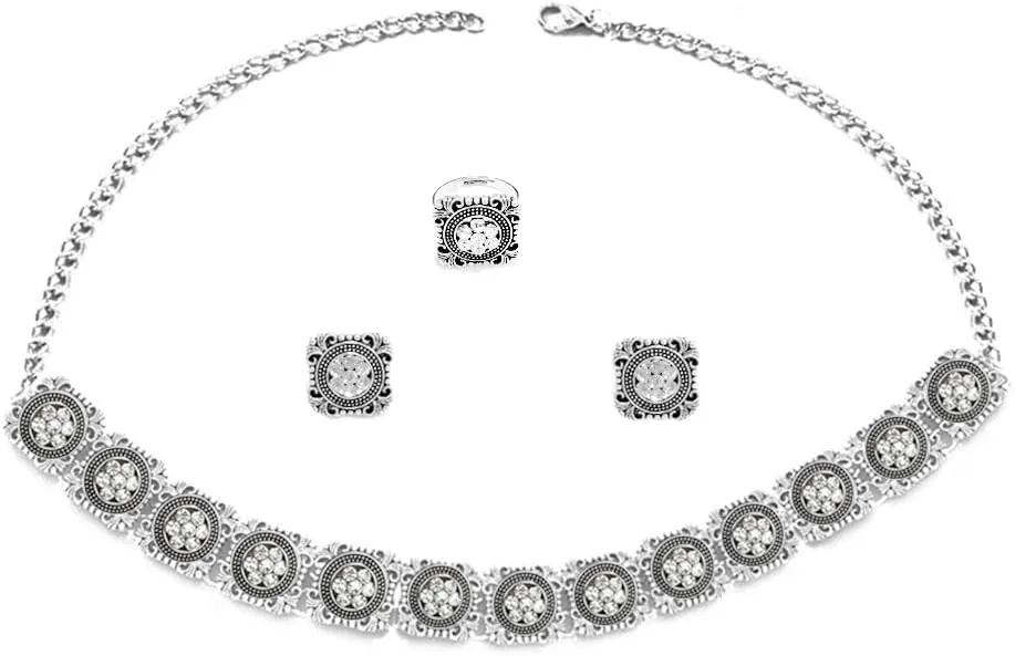 OIDIMS Vintage Ethnic Indian Jewellery Set for Women Traditional Bollywood Oxidized Choker Necklace Crystal Stud Earring Open Ring Cubic Zirconia Bohemian Daily Wear Parties Wedding Jewelry Xmas