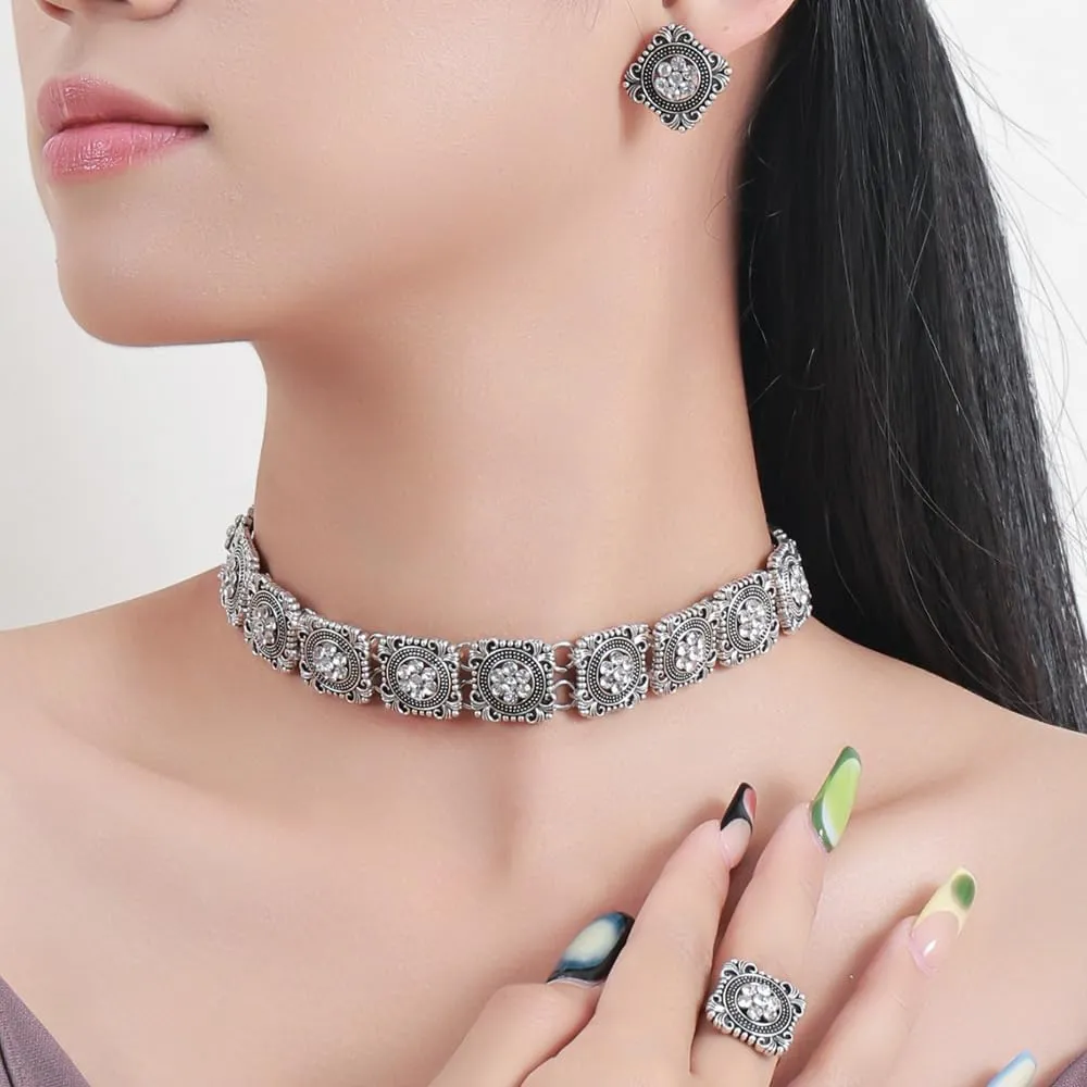 OIDIMS Vintage Ethnic Indian Jewellery Set for Women Traditional Bollywood Oxidized Choker Necklace Crystal Stud Earring Open Ring Cubic Zirconia Bohemian Daily Wear Parties Wedding Jewelry Xmas