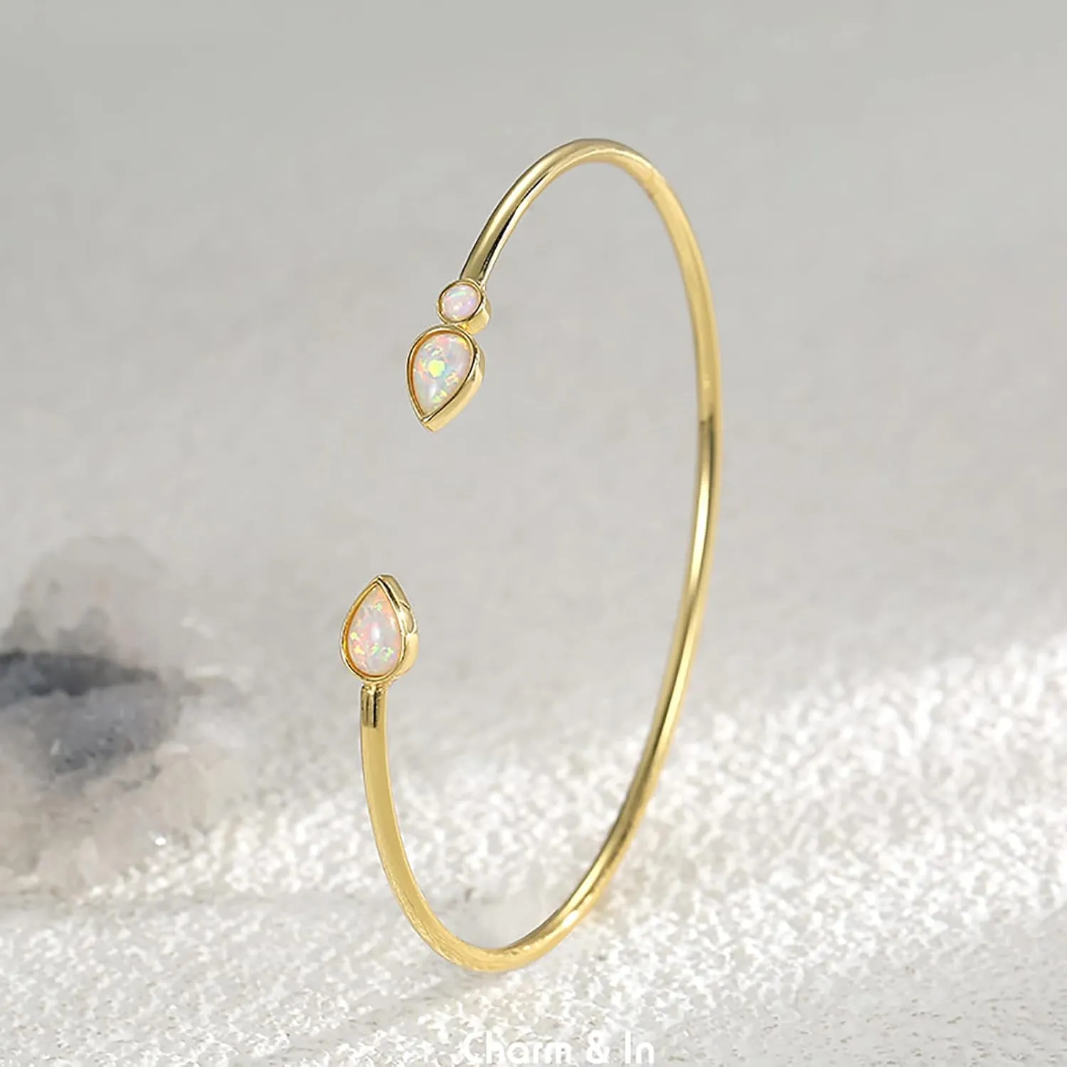 Opal Bangle Bracelet for Women 18K Gold Plated Adjustable Minimalist Gold Opal Bracelet Cuff Bracelet for Women