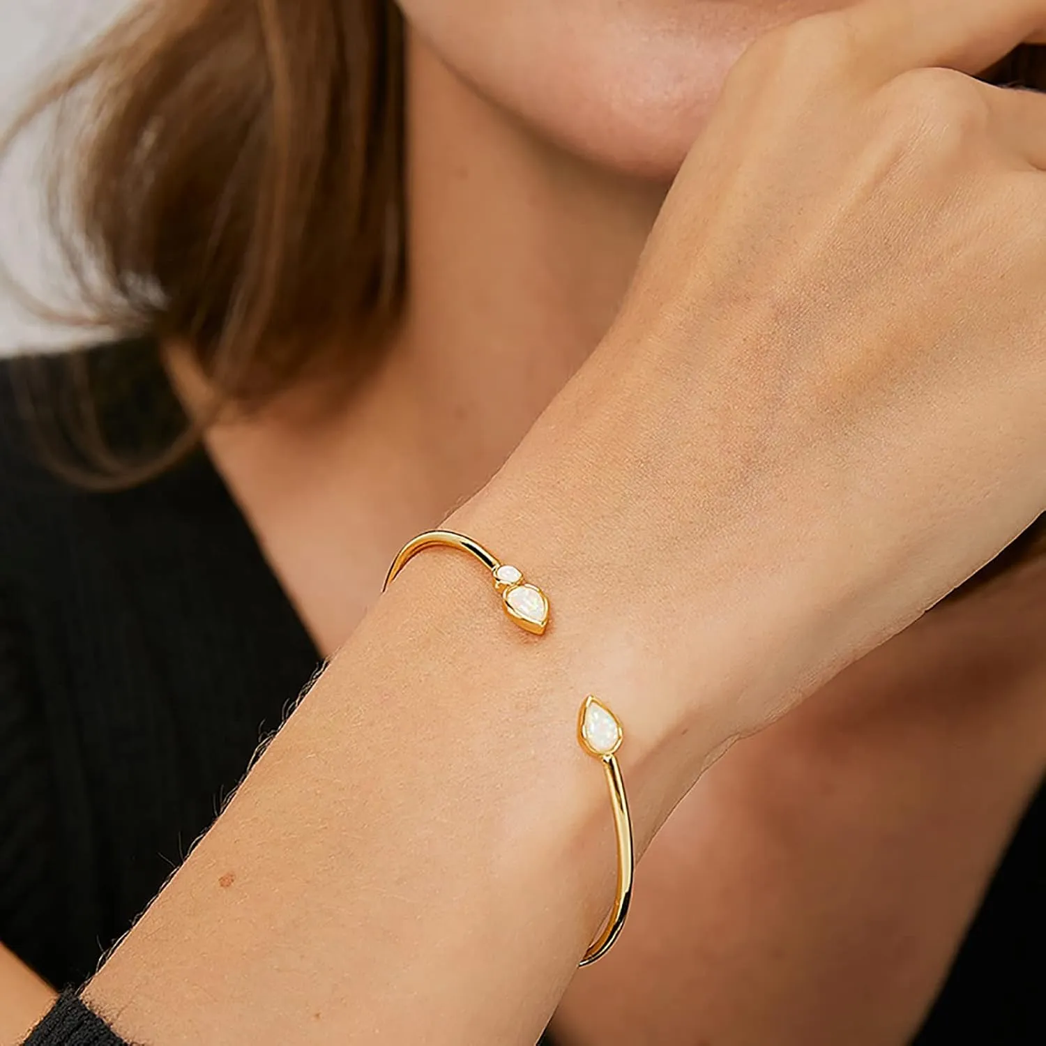 Opal Bangle Bracelet for Women 18K Gold Plated Adjustable Minimalist Gold Opal Bracelet Cuff Bracelet for Women