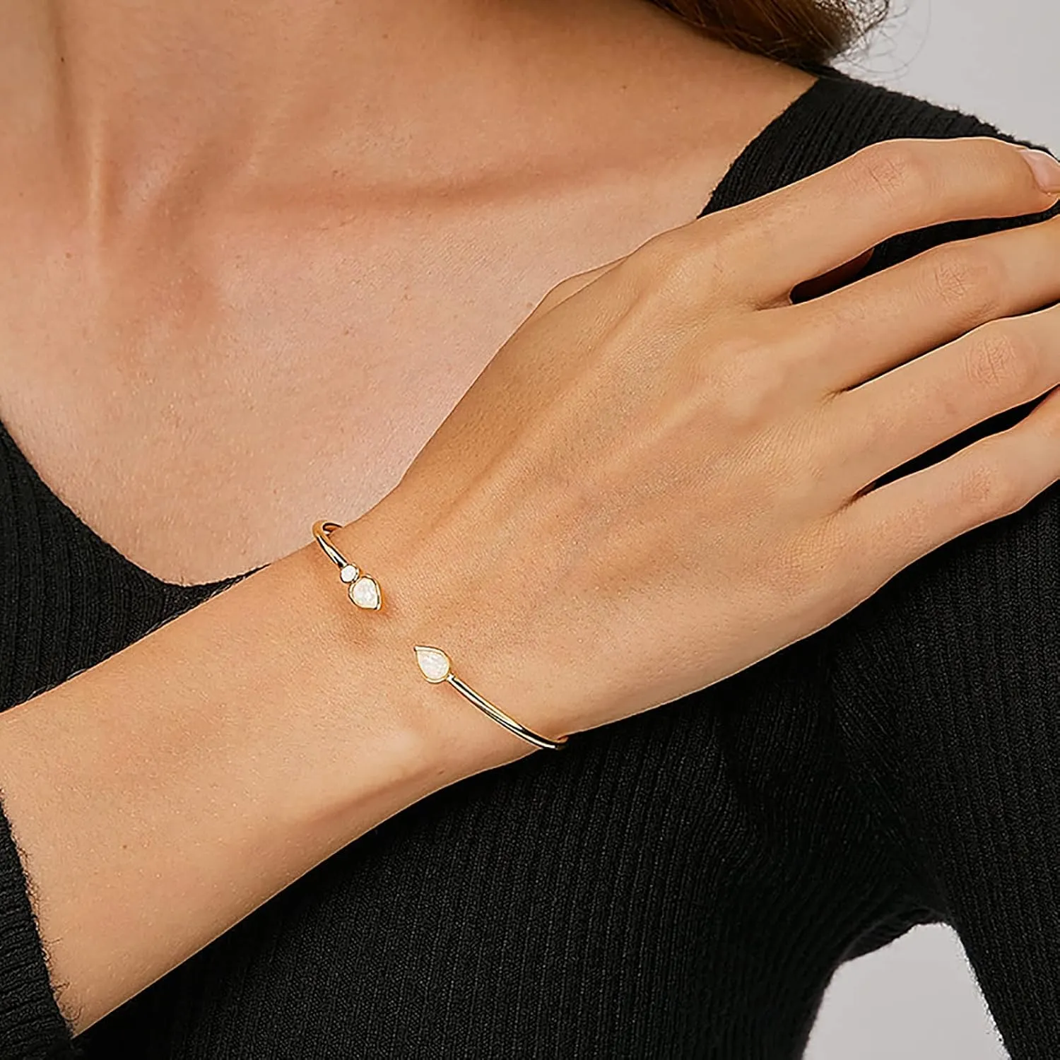 Opal Bangle Bracelet for Women 18K Gold Plated Adjustable Minimalist Gold Opal Bracelet Cuff Bracelet for Women