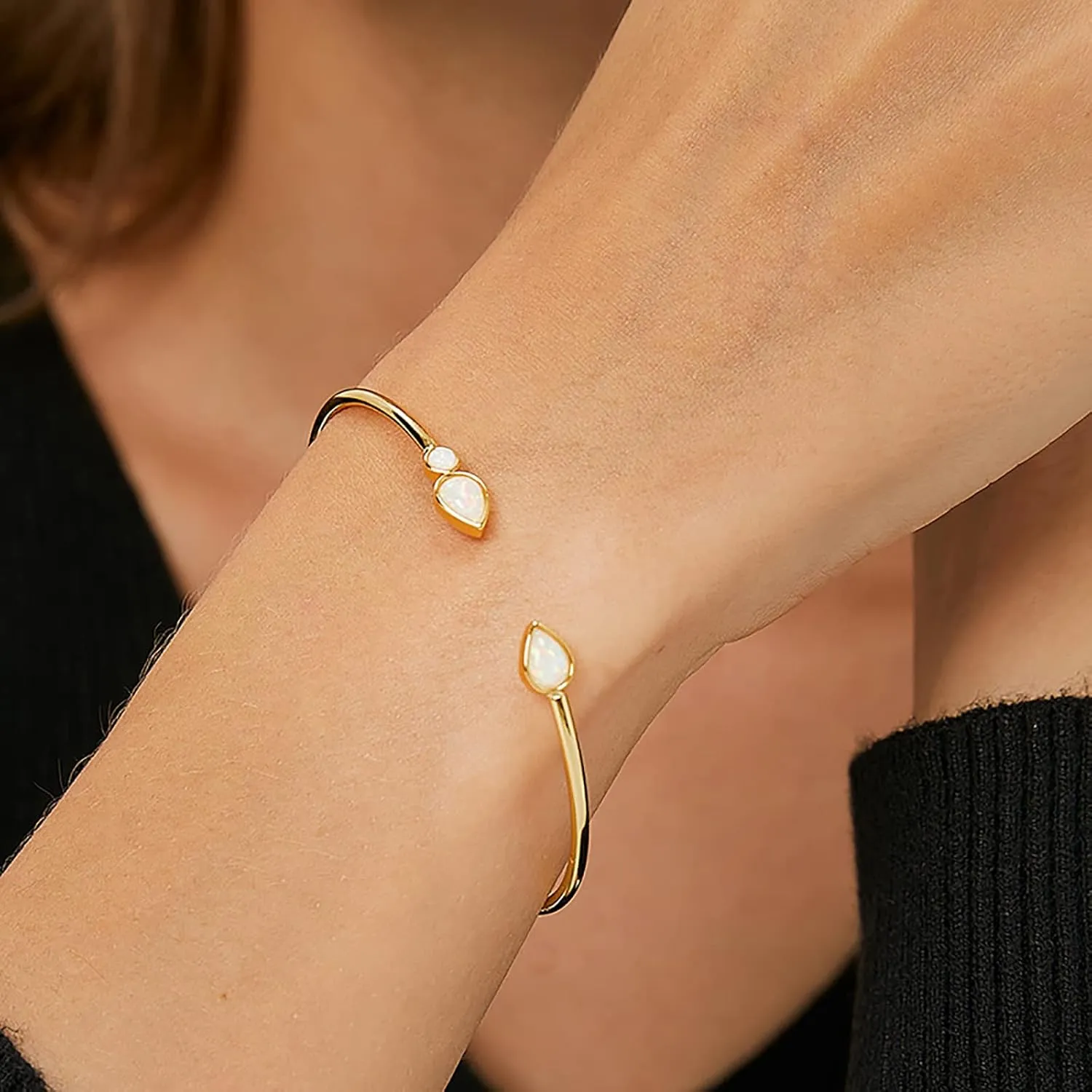 Opal Bangle Bracelet for Women 18K Gold Plated Adjustable Minimalist Gold Opal Bracelet Cuff Bracelet for Women