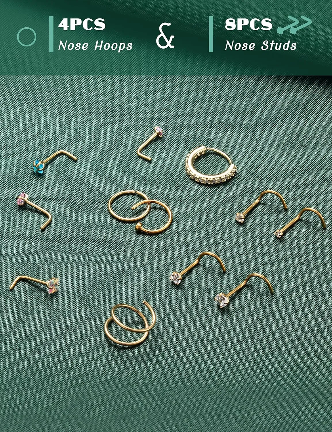 ORAZIO 18g 20g 22g Nose Rings Hoops for Women Corkscrew L Shape Nose Rings Studs Hypoallergenic Surgical Stainless Steel Nose Ring Gold Small Cute Piercing Jewelry 1.5mm 2mm 2.5mm 3mm Diamond CZ 12Pcs