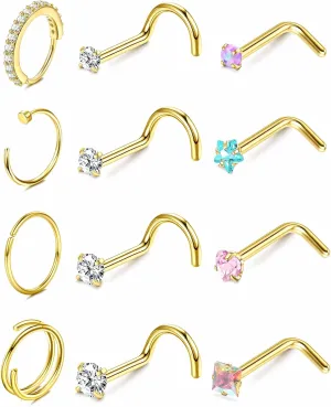 ORAZIO 18g 20g 22g Nose Rings Hoops for Women Corkscrew L Shape Nose Rings Studs Hypoallergenic Surgical Stainless Steel Nose Ring Gold Small Cute Piercing Jewelry 1.5mm 2mm 2.5mm 3mm Diamond CZ 12Pcs