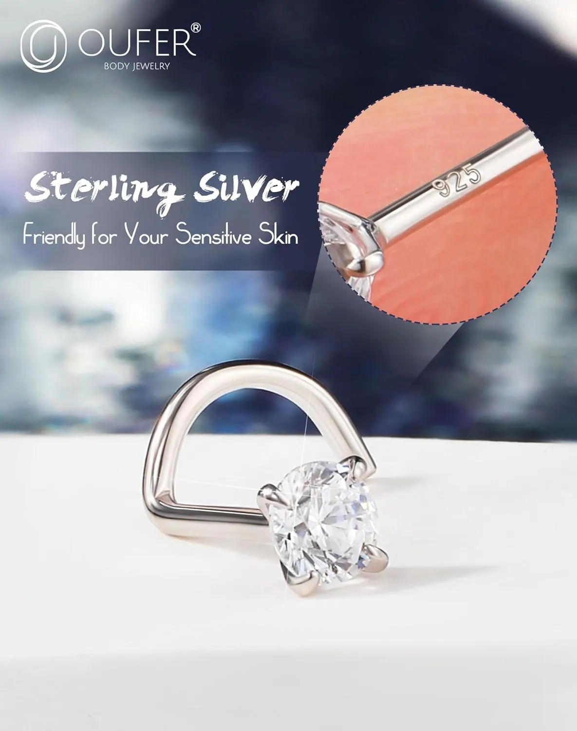 OUFER 925 Sterling Silver Nose Rings, Screw Shaped Nose Studs, 20G Nostril Piercing Jewelry, 2.5mm Round CZ Nose Rings Studs, Nose Piercing Jewelry, Nose Rings For Women Men