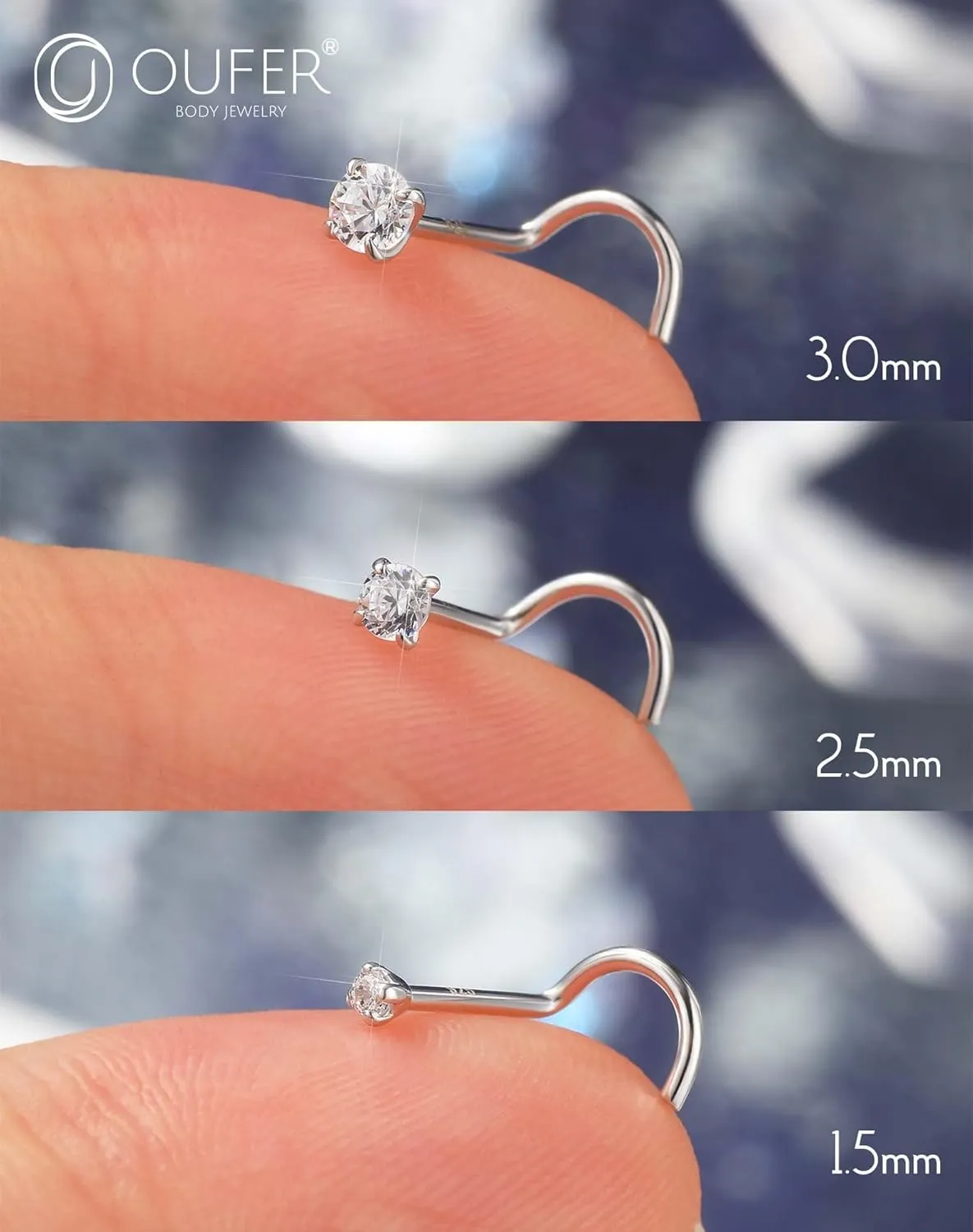 OUFER 925 Sterling Silver Nose Rings, Screw Shaped Nose Studs, 20G Nostril Piercing Jewelry, 2.5mm Round CZ Nose Rings Studs, Nose Piercing Jewelry, Nose Rings For Women Men