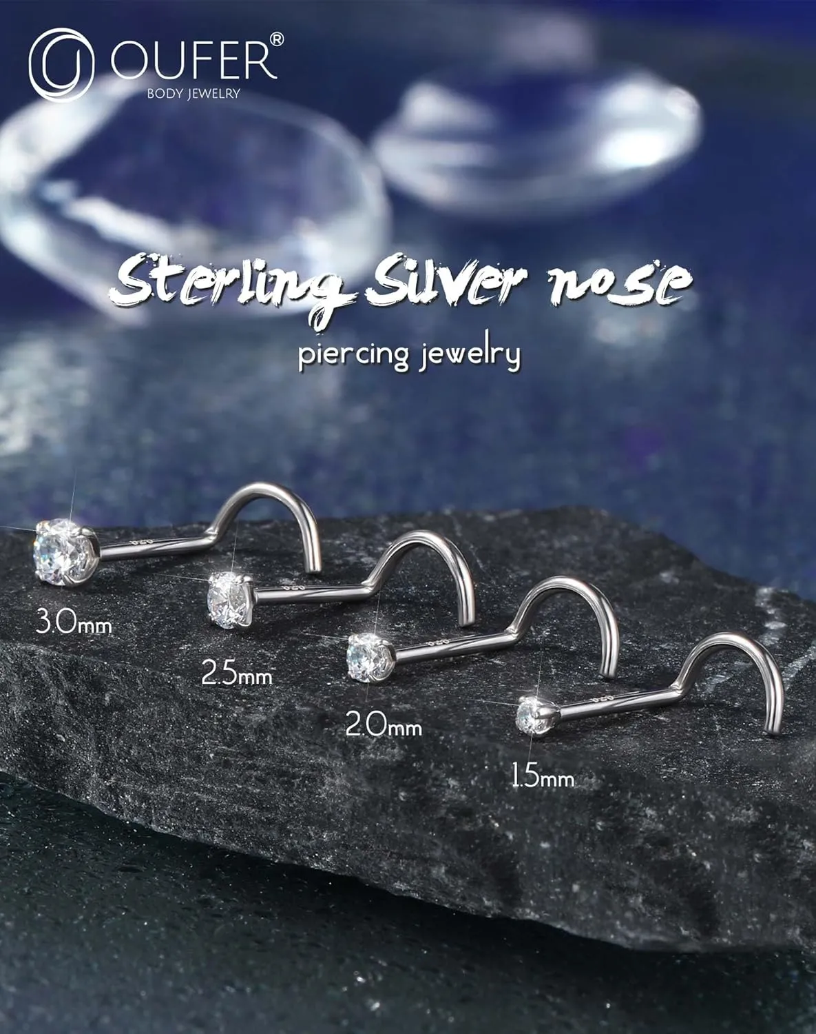 OUFER 925 Sterling Silver Nose Rings, Screw Shaped Nose Studs, 20G Nostril Piercing Jewelry, 2.5mm Round CZ Nose Rings Studs, Nose Piercing Jewelry, Nose Rings For Women Men