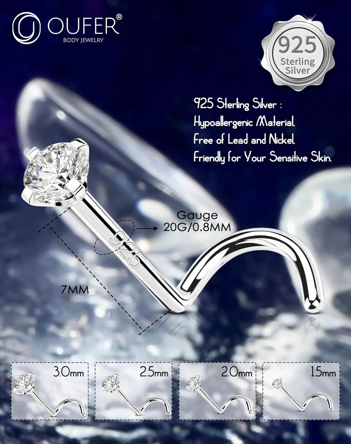 OUFER 925 Sterling Silver Nose Rings, Screw Shaped Nose Studs, 20G Nostril Piercing Jewelry, 2.5mm Round CZ Nose Rings Studs, Nose Piercing Jewelry, Nose Rings For Women Men