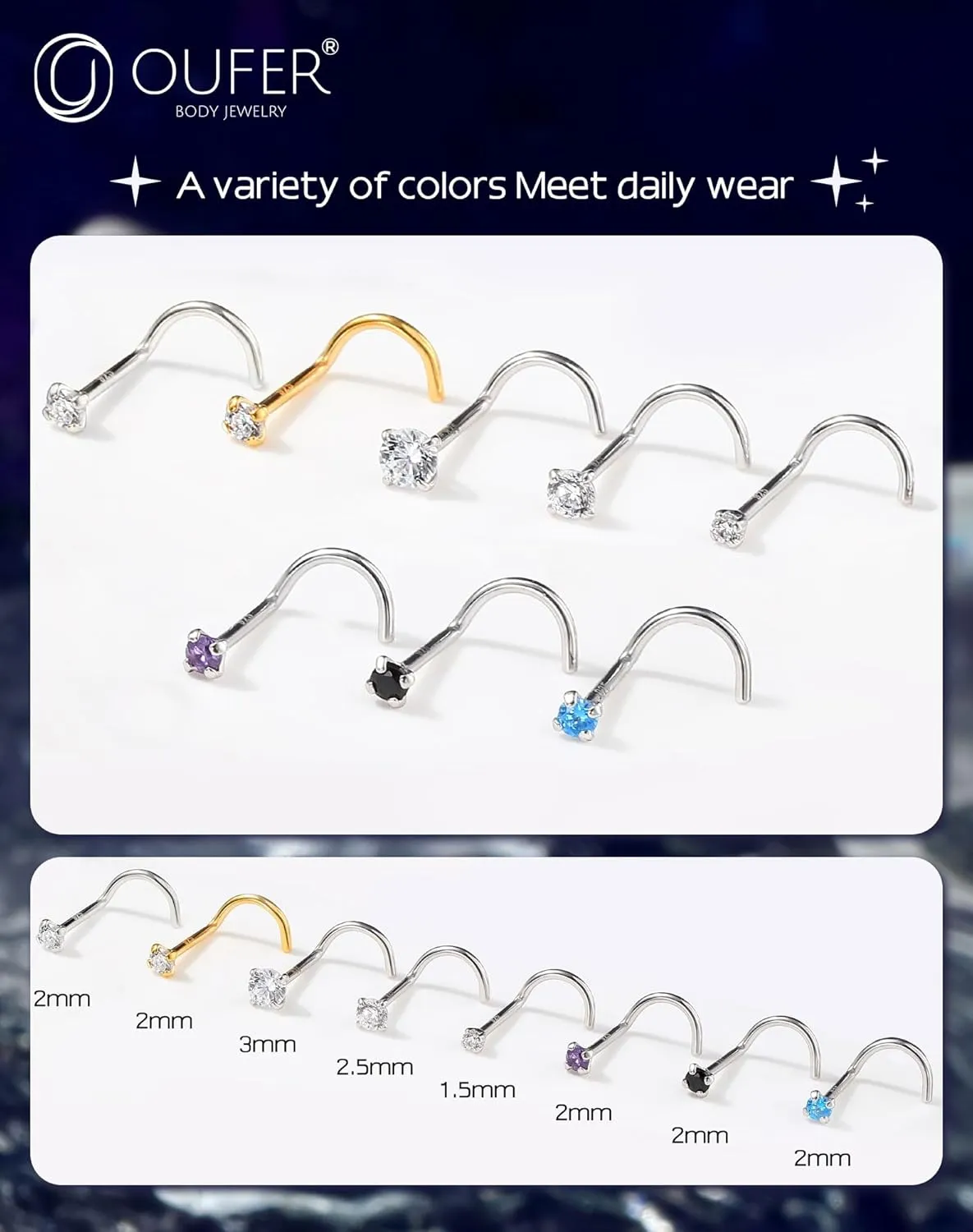 OUFER 925 Sterling Silver Nose Rings, Screw Shaped Nose Studs, 20G Nostril Piercing Jewelry, 2.5mm Round CZ Nose Rings Studs, Nose Piercing Jewelry, Nose Rings For Women Men