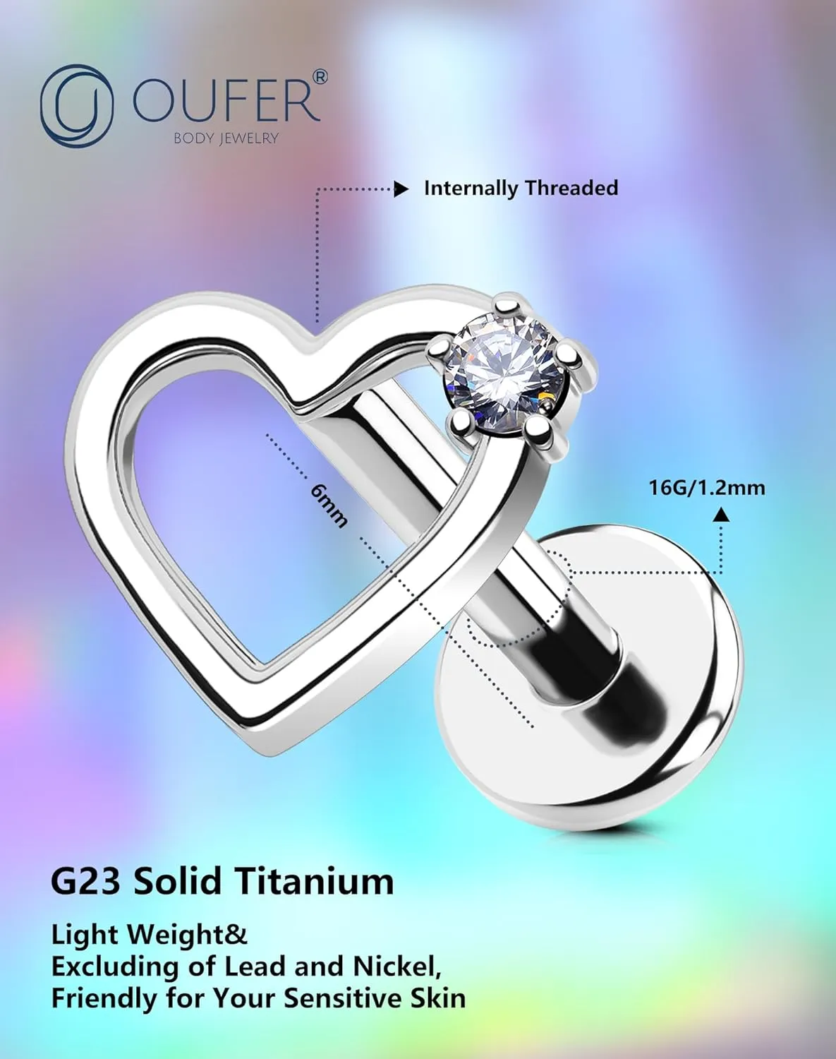 OUFER Heart Helix Earrings, G23 Solid Titanium Flat Back Stud Earrings 16G Internally Threaded Dainty Helix Cartilage Tragus Piercing Jewelry for Women Men