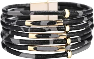 P Ammy Fashion Multi-layered Leopard Leather Wrap Bracelet Retro Copper Beads Cuff Boho Bracelets Bohemian Bangle with Magnetic Clasp