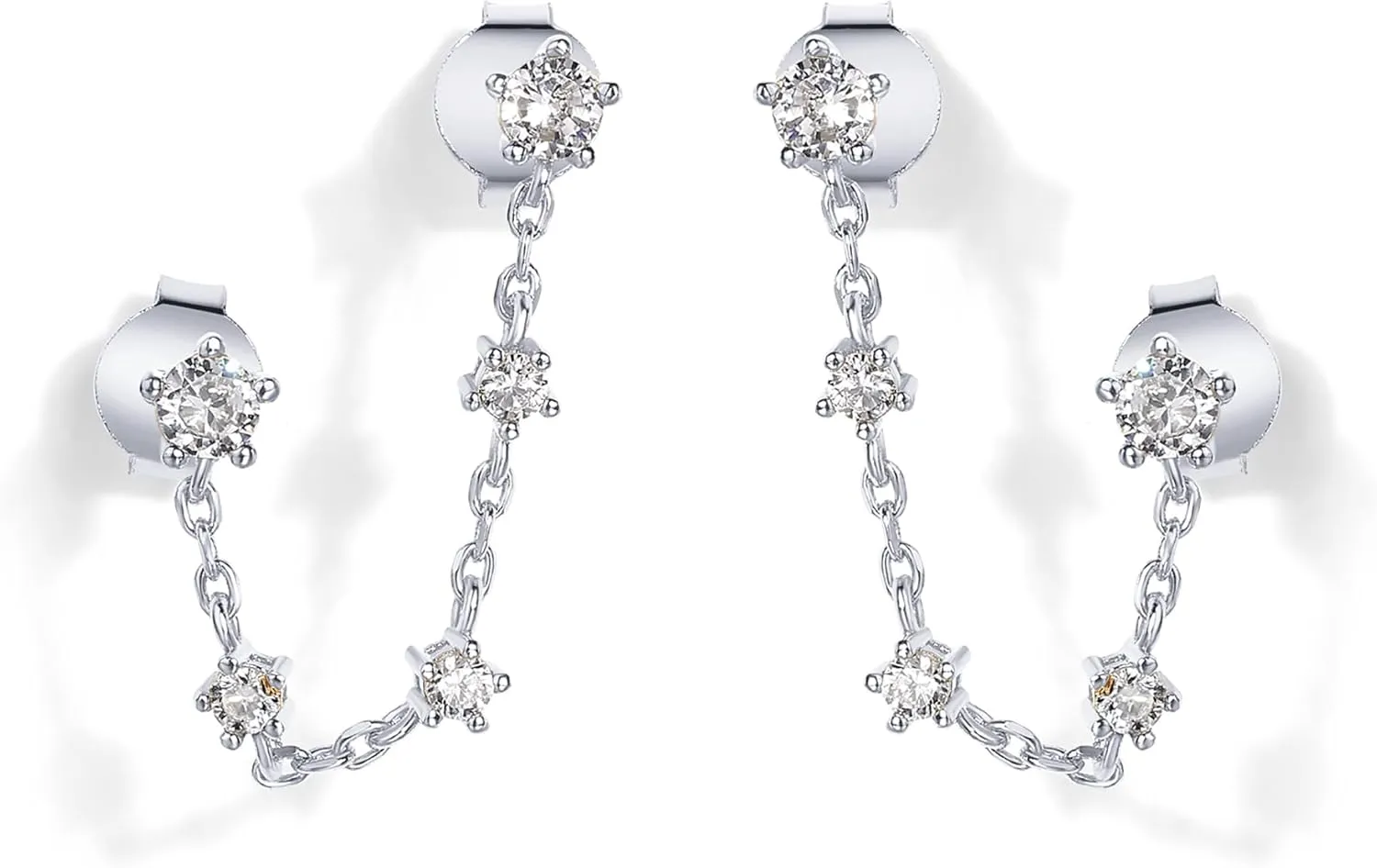 PAVOI 14K Gold Plated Delicate CZ Chain Earrings for Women - Double Piercing Dangle Chain Studs - Cubic Zirconia Earscapes