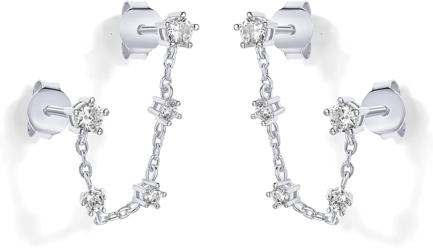 PAVOI 14K Gold Plated Delicate CZ Chain Earrings for Women - Double Piercing Dangle Chain Studs - Cubic Zirconia Earscapes