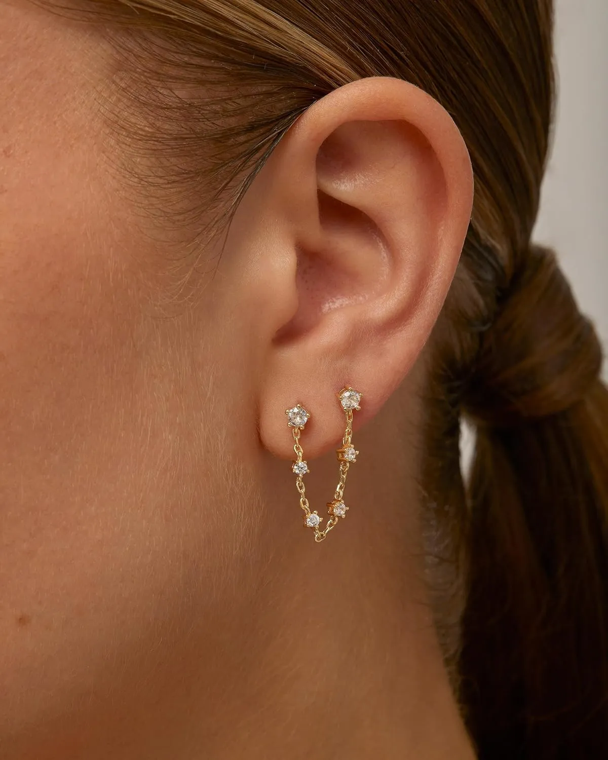 PAVOI 14K Gold Plated Delicate CZ Chain Earrings for Women - Double Piercing Dangle Chain Studs - Cubic Zirconia Earscapes