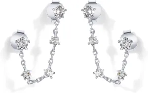 PAVOI 14K Gold Plated Delicate CZ Chain Earrings for Women - Double Piercing Dangle Chain Studs - Cubic Zirconia Earscapes