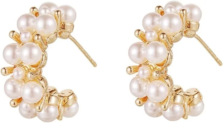 Pearl Hoop Statement Earrings for Women Teen Girls,14K Gold Samll Pearls Stainless Steel Huggie Earrings Party Prom Fashion Lightweight Jewelry Gifts