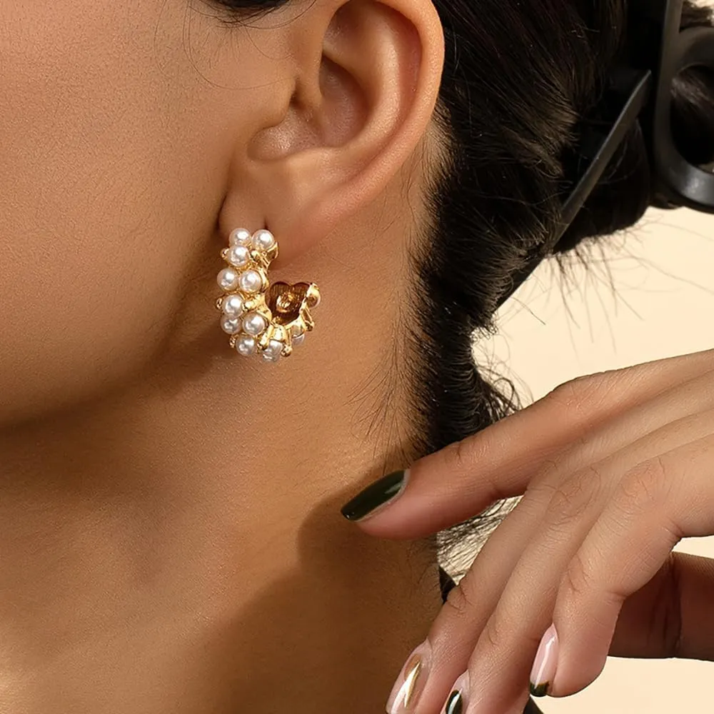 Pearl Hoop Statement Earrings for Women Teen Girls,14K Gold Samll Pearls Stainless Steel Huggie Earrings Party Prom Fashion Lightweight Jewelry Gifts