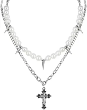 Pearl Necklace Men Punk Spike Necklace, Cross Choker Necklace for Men Goth Y2K Jewelry