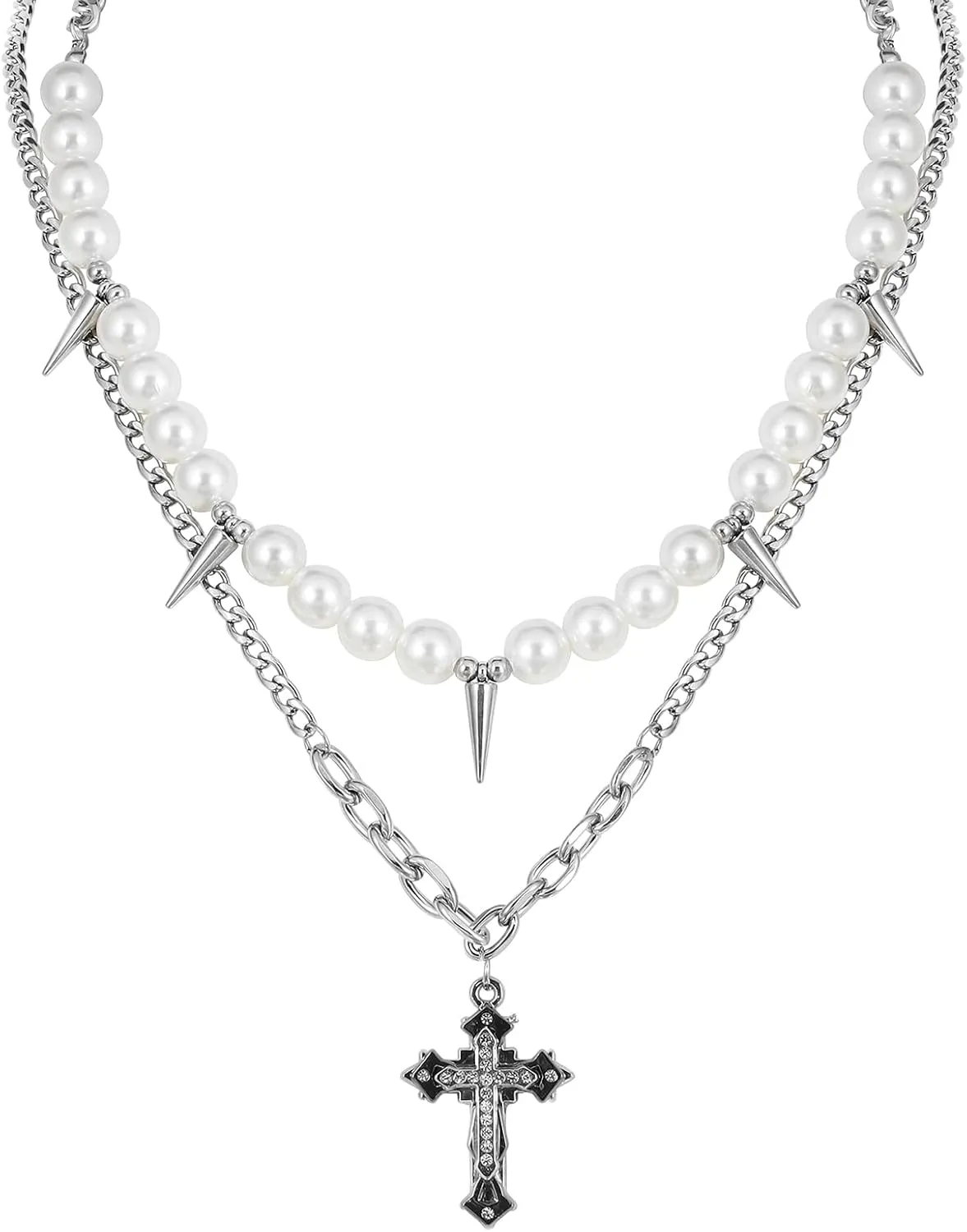 Pearl Necklace Men Punk Spike Necklace, Cross Choker Necklace for Men Goth Y2K Jewelry