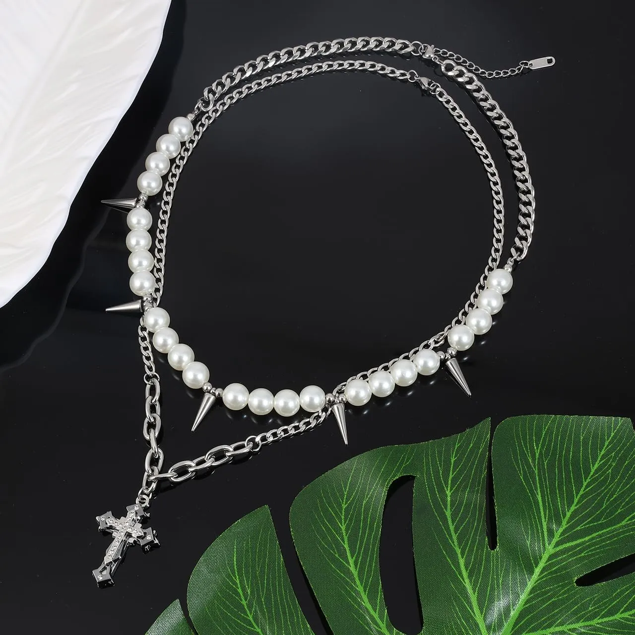 Pearl Necklace Men Punk Spike Necklace, Cross Choker Necklace for Men Goth Y2K Jewelry