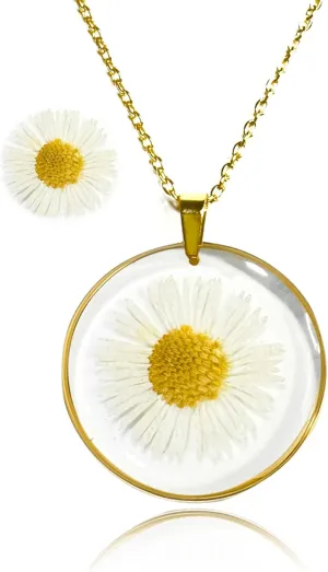 Pressed Flower Necklace For Women, Forget Me Not Jewelry, Personalized Handmade Necklaces for Women, Unique Holidy Gift, Birth Flower Necklace Gift, 14K Gold Plated Necklace 18", Chrysanthemum
