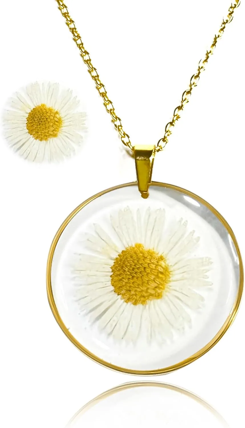 Pressed Flower Necklace For Women, Forget Me Not Jewelry, Personalized Handmade Necklaces for Women, Unique Holidy Gift, Birth Flower Necklace Gift, 14K Gold Plated Necklace 18", Chrysanthemum