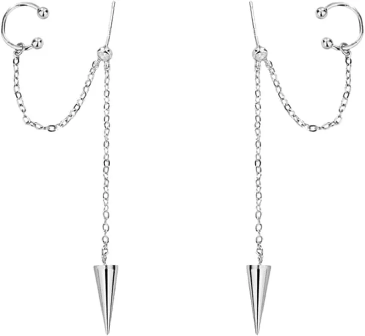 Punk Spike Chain Tassel Ear Cuff Wrap Crawler Climber Earrings for Men Women Unique Silver Plated Crystal Stud Cartilage Dangle Drop Clip on Hoops Minimalist Hypoallergenic Fashion Jewelry
