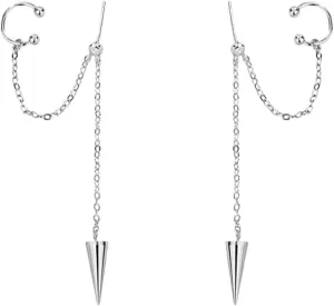 Punk Spike Chain Tassel Ear Cuff Wrap Crawler Climber Earrings for Men Women Unique Silver Plated Crystal Stud Cartilage Dangle Drop Clip on Hoops Minimalist Hypoallergenic Fashion Jewelry