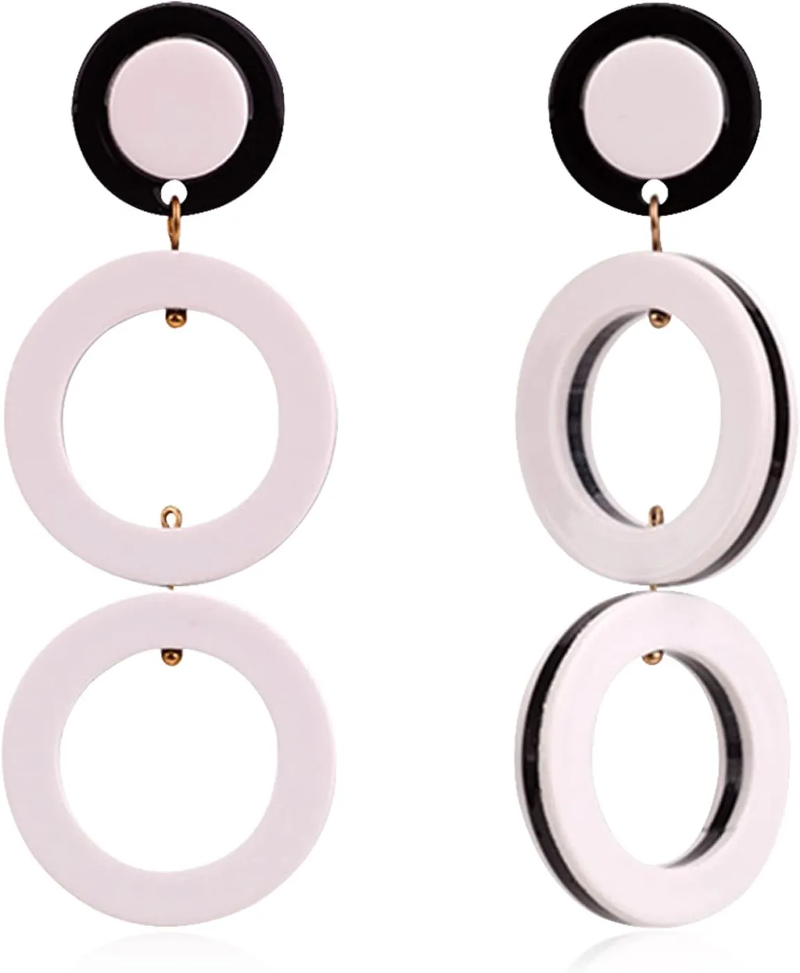QUPENGXU Unique Lightweight Black White Hollow Circle Round Acrylic Dangle Drop Stud Earrings Statement Bicircular Rotatable Earrings For Women