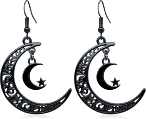 QUPENGXU Unique Moon Drop Earrings for Women Vintage Boho Star Moon Earrings for Women