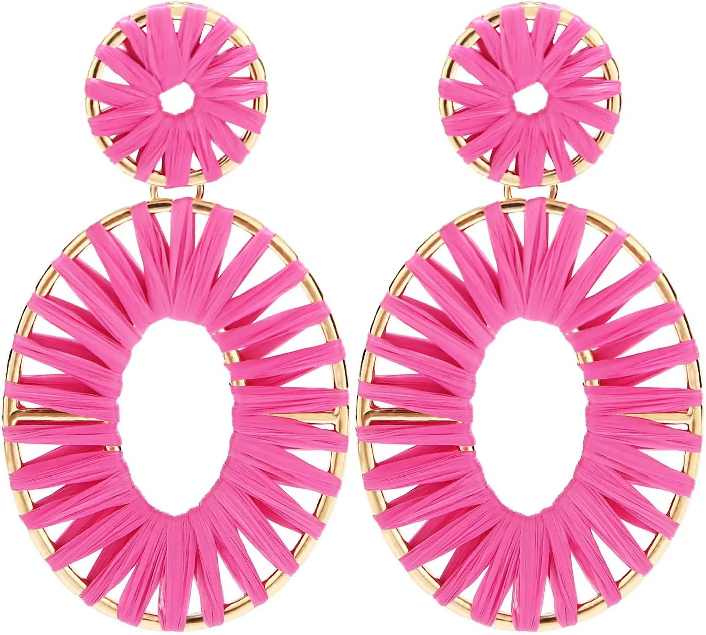Raffia Tassel Hoop Drop Earrings Handmade Fashion Statement Jewelry for Women